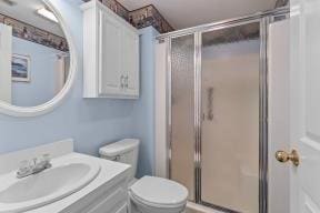 full bathroom with vanity, a shower stall, and toilet