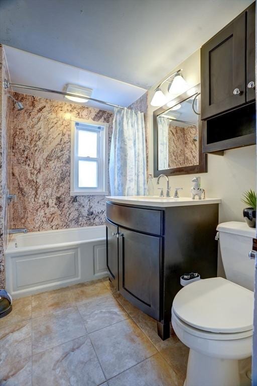 full bathroom with vanity, toilet, and shower / bathtub combination with curtain