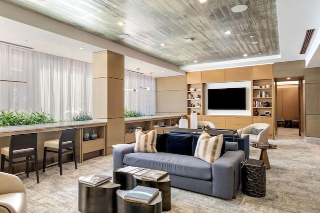 living room featuring recessed lighting, built in shelves, and wooden ceiling