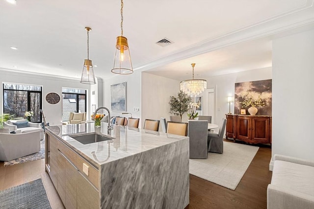 kitchen with a kitchen island with sink, open floor plan, a sink, and dark wood-type flooring