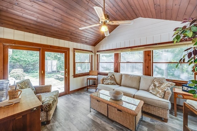 24 Powderhorn Way, Sandwich, MA 02563 - living area featuring vaulted ceiling, ceiling fan, wood ceiling, wood finished floors, and wood walls