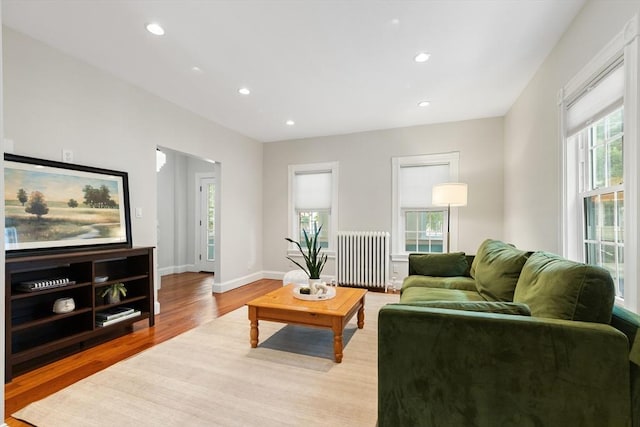17 Perry St, Somerville, MA 02143 - living room featuring radiator heating unit, light wood-style floors, recessed lighting, and baseboards