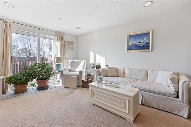 carpeted living room featuring a textured ceiling