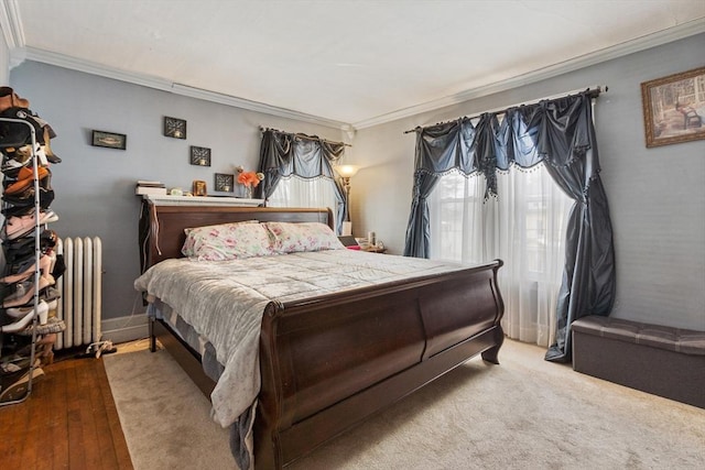 bedroom featuring radiator, crown molding, and baseboards