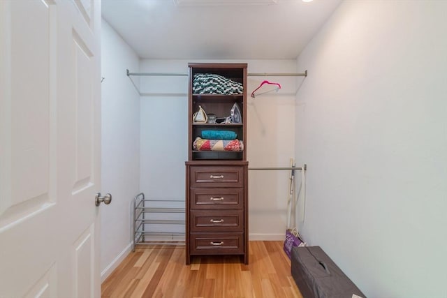 walk in closet with light wood finished floors