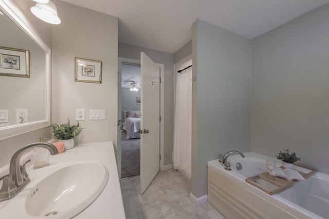 ensuite bathroom with a bath, a shower with shower curtain, and vanity