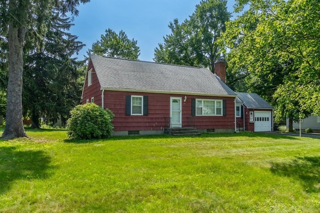 31 Melwood Ave, East Longmeadow, MA 01028 - cape cod house featuring a garage, roof with shingles, a chimney, a front lawn, and asphalt driveway