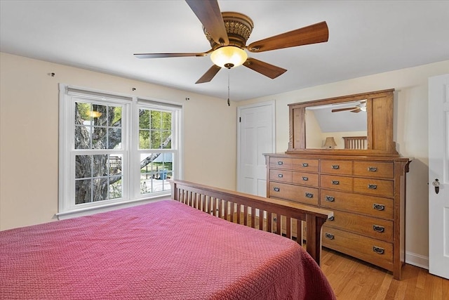 bedroom featuring ceiling fan and light wood-type flooring
