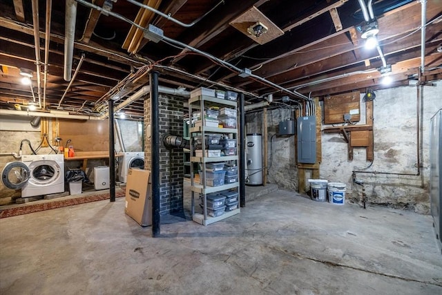 unfinished below grade area featuring electric panel, gas water heater, and washer and dryer