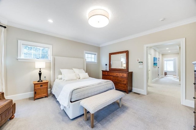 bedroom with light colored carpet and ornamental molding