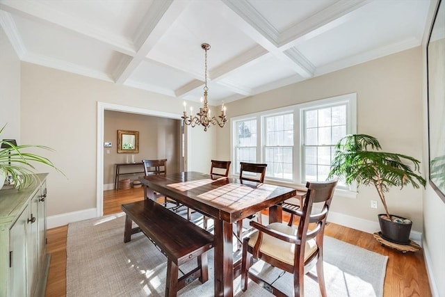 dining area featuring beam ceiling, coffered ceiling, a notable chandelier, light wood-type flooring, and ornamental molding