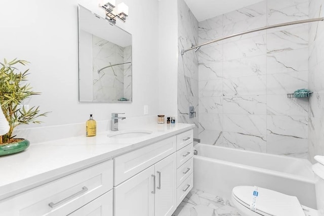 full bathroom with tiled shower / bath combo, vanity, and toilet