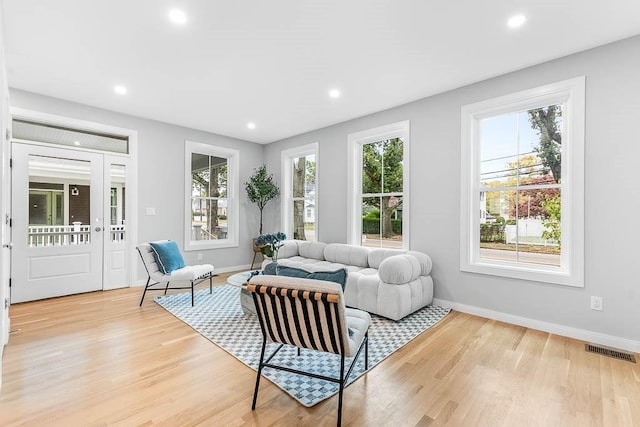 living room with light hardwood / wood-style flooring