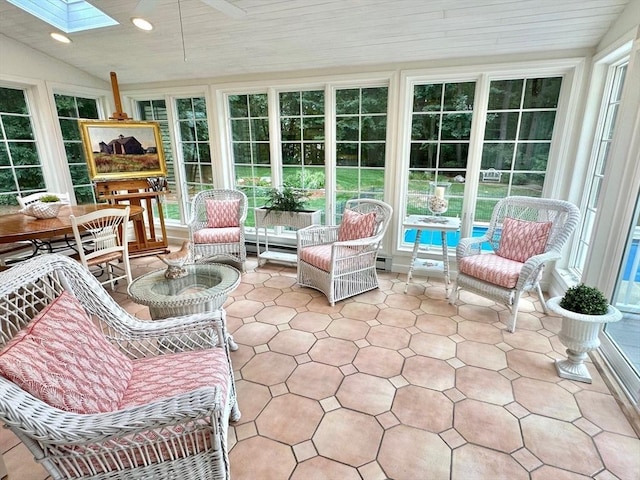 10 Granada Way, Andover, MA 01810 - sunroom / solarium featuring a ceiling fan, a skylight, baseboard heating, and vaulted ceiling