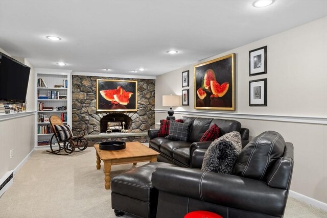 10 Granada Way, Andover, MA 01810 - living room with a fireplace, carpet, recessed lighting, baseboards, and baseboard heating