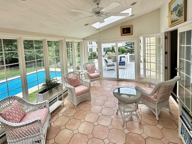 10 Granada Way, Andover, MA 01810 - sunroom / solarium with ceiling fan, a skylight, lofted ceiling, and french doors