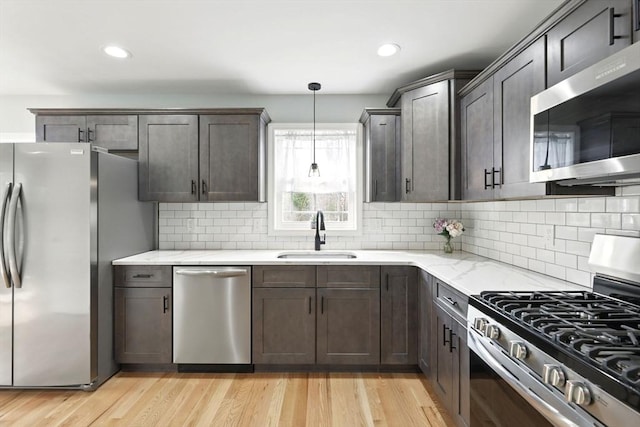 kitchen featuring a sink, appliances with stainless steel finishes, tasteful backsplash, and light wood-type flooring