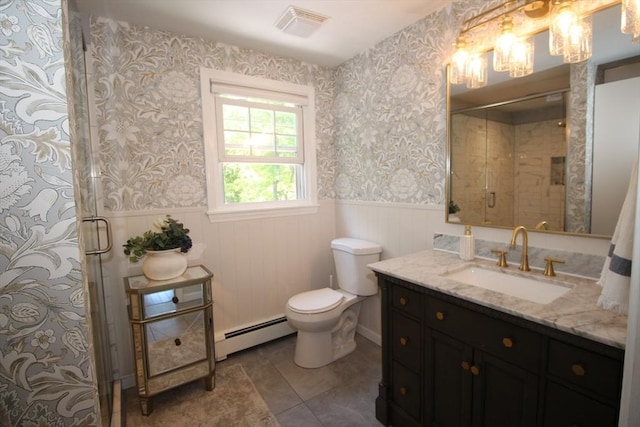 12 Bonin Dr, Haverhill, MA 01832 - full bathroom featuring baseboard heating, wainscoting, wallpapered walls, toilet, and vanity