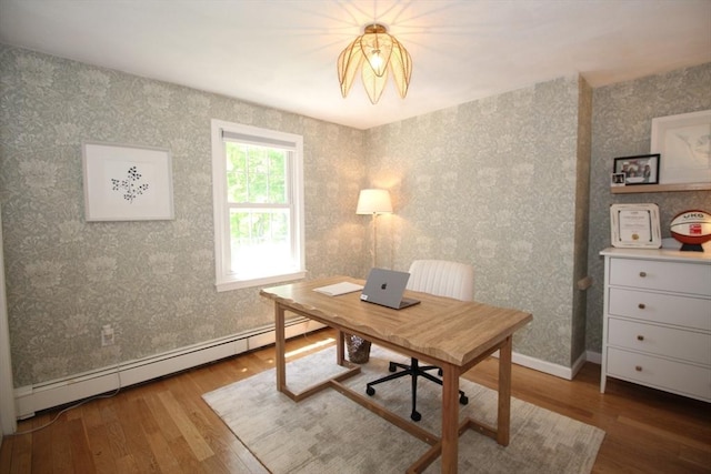 12 Bonin Dr, Haverhill, MA 01832 - office area with a baseboard radiator, wood finished floors, baseboards, and wallpapered walls