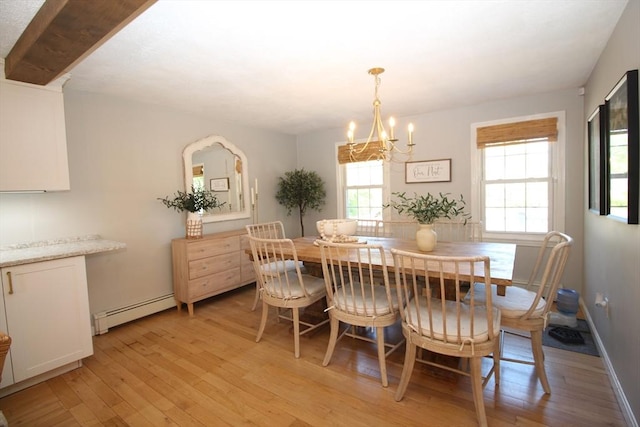 12 Bonin Dr, Haverhill, MA 01832 - dining space with light wood-style flooring, a chandelier, a baseboard radiator, and baseboards