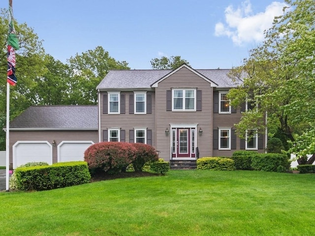 48 Twin Brook Ln, Taunton, MA 02780 - colonial home with an attached garage, a front yard, and roof with shingles