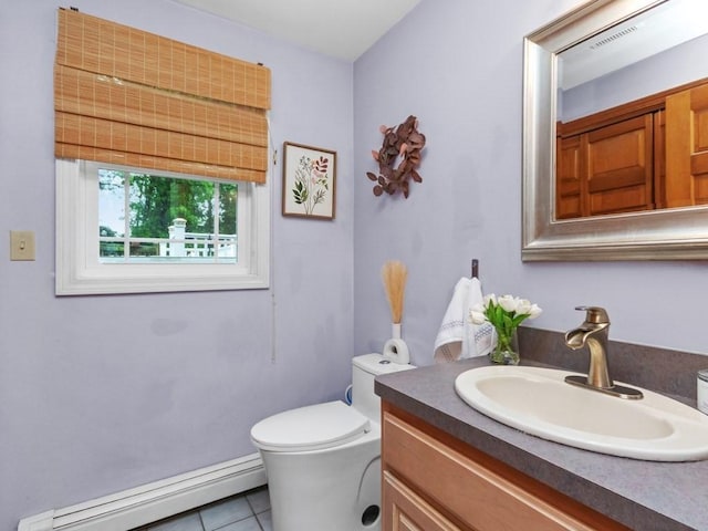 48 Twin Brook Ln, Taunton, MA 02780 - half bathroom with a baseboard heating unit, vanity, toilet, and tile patterned flooring