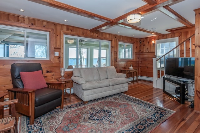 living room with wooden walls, beamed ceiling, a baseboard heating unit, dark hardwood / wood-style floors, and coffered ceiling