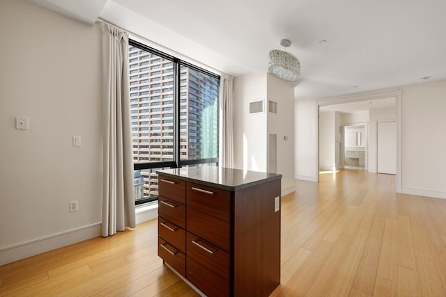 interior space featuring dark brown cabinets, light hardwood / wood-style flooring, and a center island