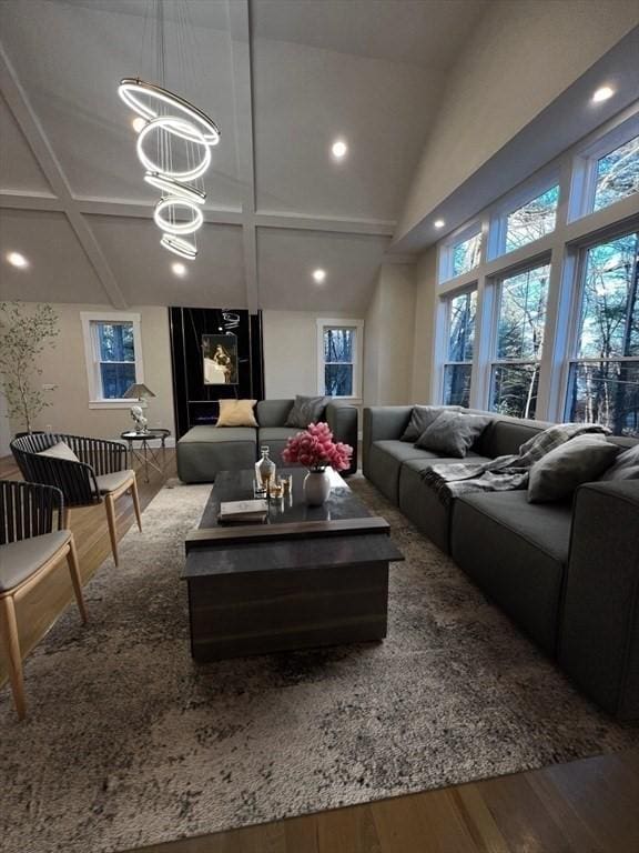 1 Harvard Ave, Burlington, MA 01803 - living room featuring wood finished floors, recessed lighting, plenty of natural light, and high vaulted ceiling