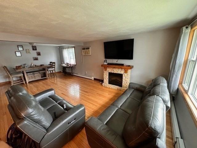 139 Westmoor Rd, Boston, MA 02132 - living area featuring a baseboard radiator, wood finished floors, a wall mounted AC, and a fireplace