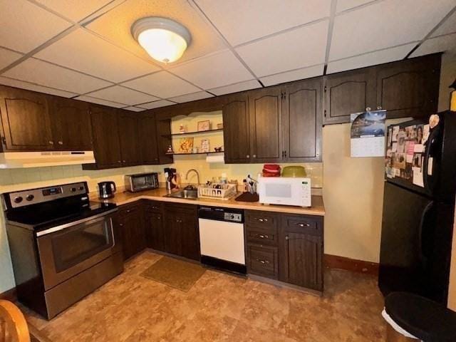 139 Westmoor Rd, Boston, MA 02132 - kitchen featuring white appliances, a paneled ceiling, under cabinet range hood, dark brown cabinets, and light countertops