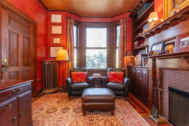 living area featuring a fireplace, wood finished floors, and radiator