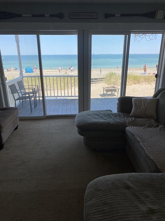 876 Shirley Unit 1, Winthrop, MA 02152 - living area featuring carpet flooring and view of water and beach