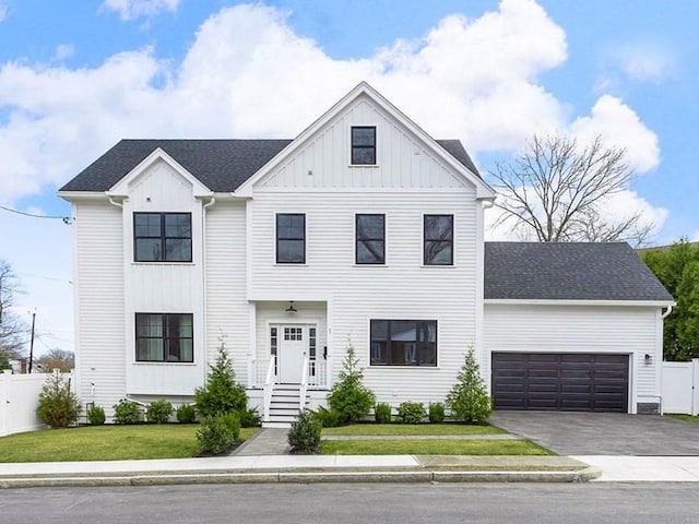 1 Marlin Rd, Boston, MA 02132 - modern inspired farmhouse featuring board and batten siding, fence, a garage, and aphalt driveway