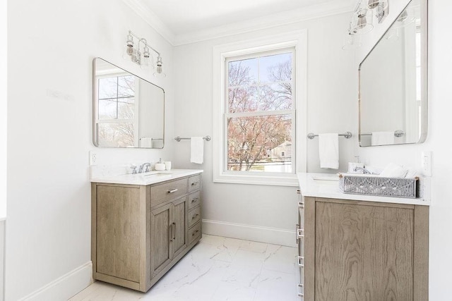 1 Marlin Rd, Boston, MA 02132 - full bathroom featuring a sink, marble finish floor, crown molding, two vanities, and baseboards