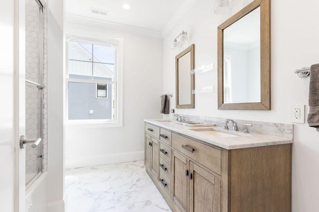 1 Marlin Rd, Boston, MA 02132 - bathroom featuring a sink, marble finish floor, visible vents, crown molding, and double vanity