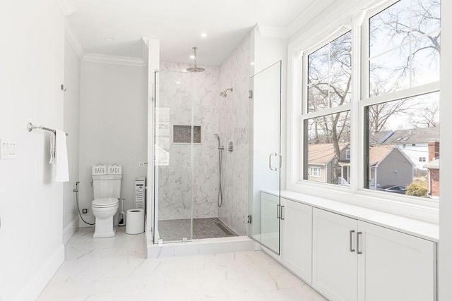 1 Marlin Rd, Boston, MA 02132 - full bath with toilet, a marble finish shower, crown molding, baseboards, and marble finish floor