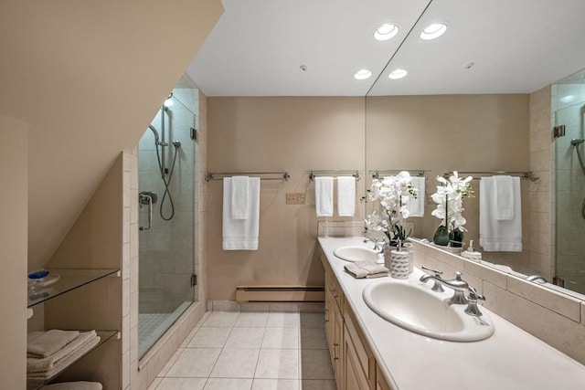 170 Atlantic Ave, Swampscott, MA 01907 - full bath with tile patterned floors, a shower stall, double vanity, a baseboard heating unit, and recessed lighting