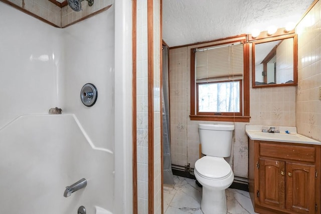 6 Hillside Rd, Holland, MA 01521 - bathroom with marble look tiles, toilet, a textured ceiling, vanity, and bathtub / shower combination
