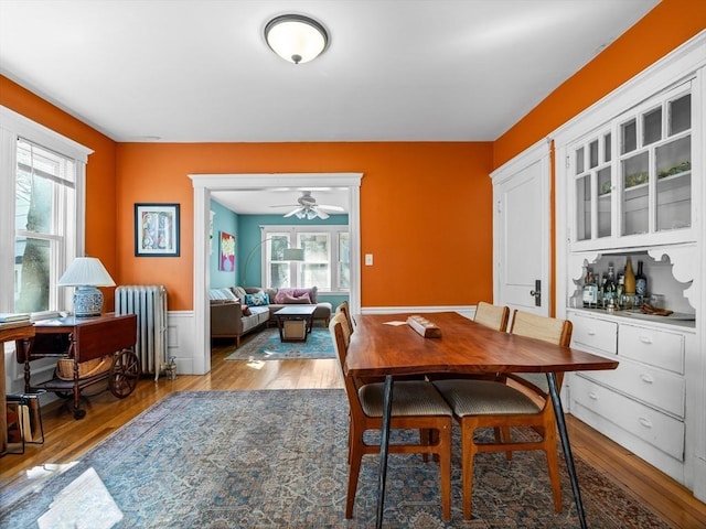 dining space featuring radiator, wood finished floors, plenty of natural light, and wainscoting