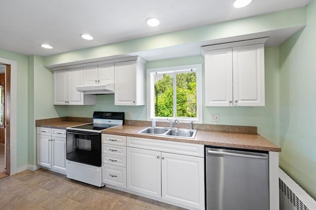 49 Bay View Dr, Shrewsbury, MA 01545 - kitchen featuring electric range oven, stainless steel dishwasher, a sink, under cabinet range hood, and white cabinetry