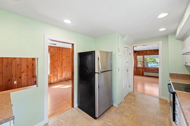 49 Bay View Dr, Shrewsbury, MA 01545 - kitchen featuring freestanding refrigerator, radiator heating unit, electric range oven, and recessed lighting