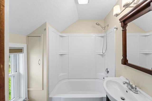49 Bay View Dr, Shrewsbury, MA 01545 - bathroom with lofted ceiling, a sink, plenty of natural light, and shower / washtub combination