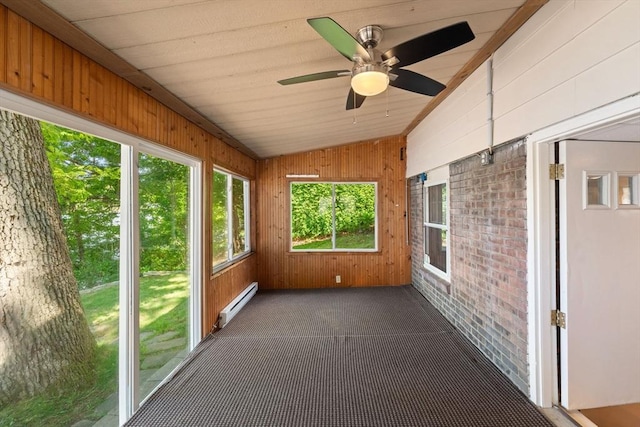 49 Bay View Dr, Shrewsbury, MA 01545 - unfurnished sunroom featuring vaulted ceiling, wooden walls, a baseboard radiator, a ceiling fan, and carpet floors
