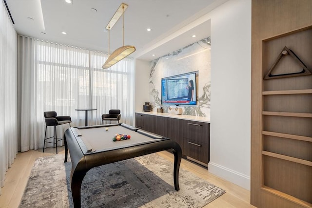 playroom with billiards and light wood-type flooring