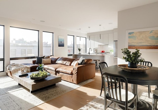 living room featuring sink and light hardwood / wood-style floors