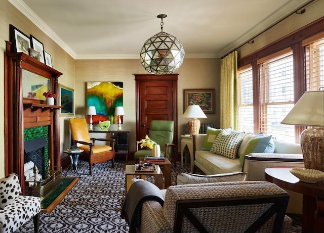 living area featuring a tiled fireplace and crown molding
