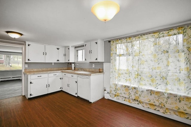 41 Bryant St, Pittsfield, MA 01201 - kitchen featuring dark wood finished floors, a sink, white cabinetry, and a baseboard radiator