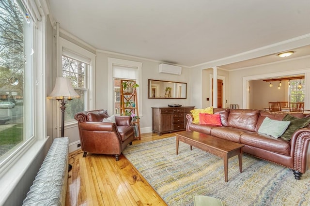 living room with crown molding, an AC wall unit, and light wood-style flooring