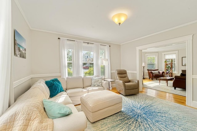 living room featuring crown molding and wood finished floors